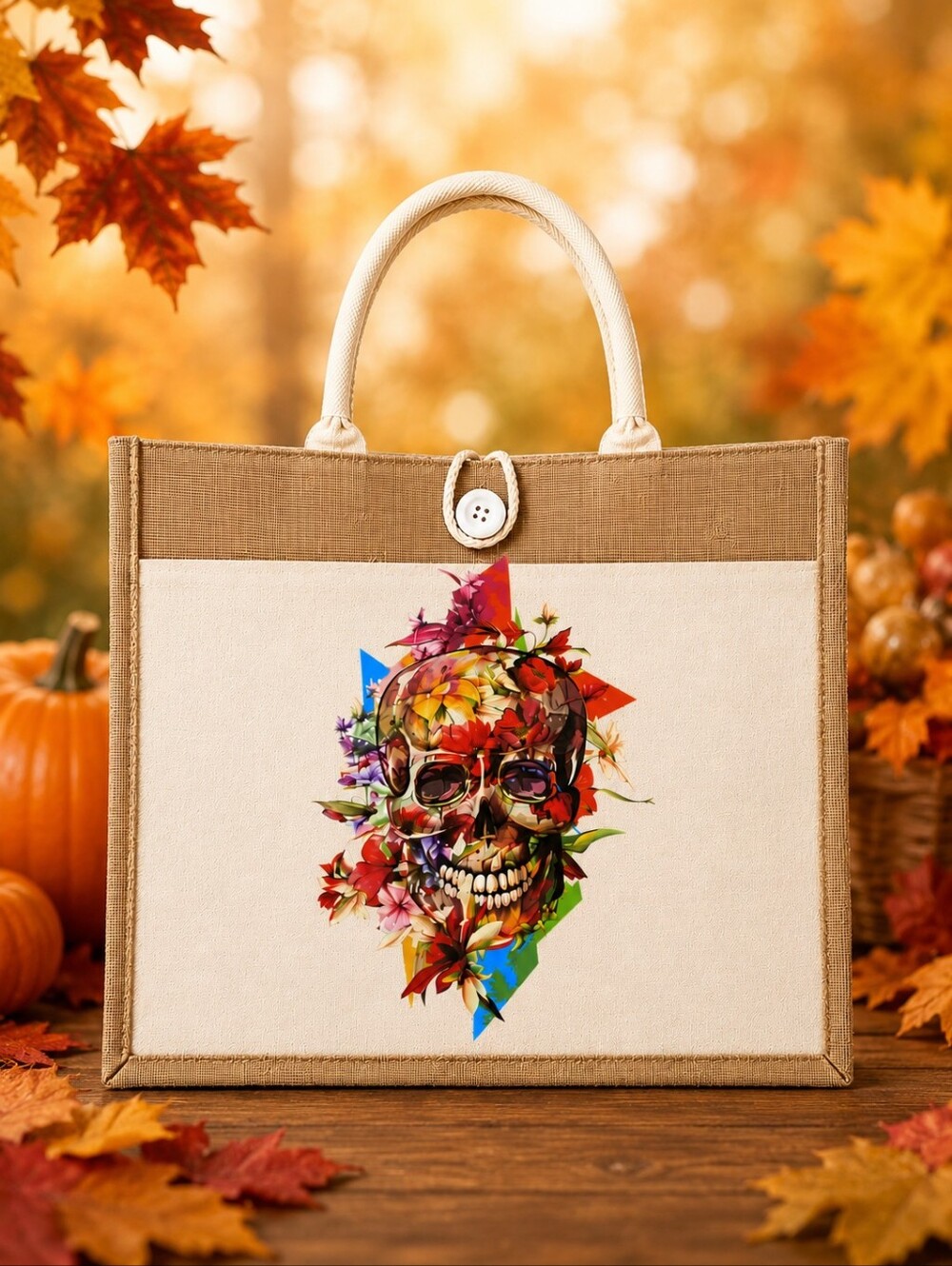 Floral Skull Tote Bag #2 – Gothic Jute Canvas Statement Bag